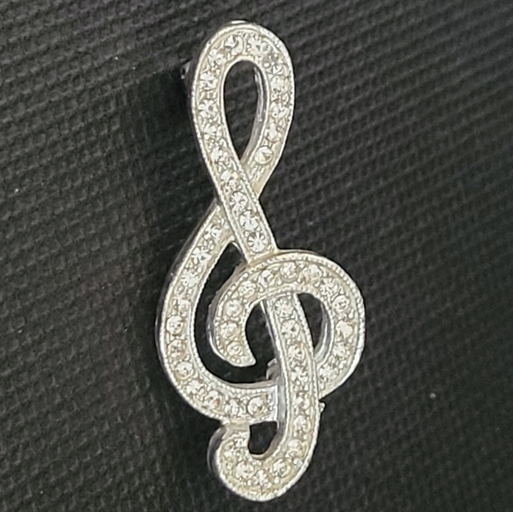 VINTAGE Rhinestone Treble Clef Music Note Brooch - Picture 1 of 12